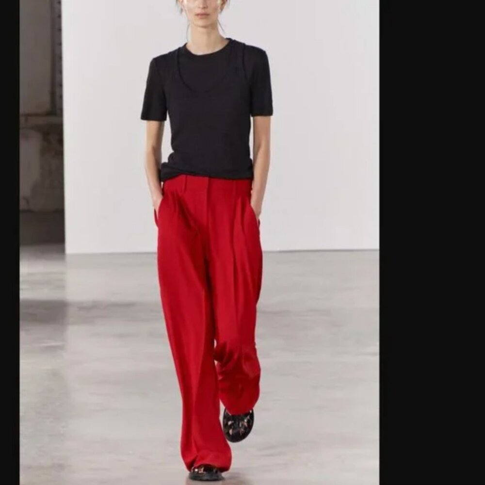 NWT ZARA PLEATED TABBED MENSWEAR STYLE PANTS ZW COLLECTION BRIGHT RED